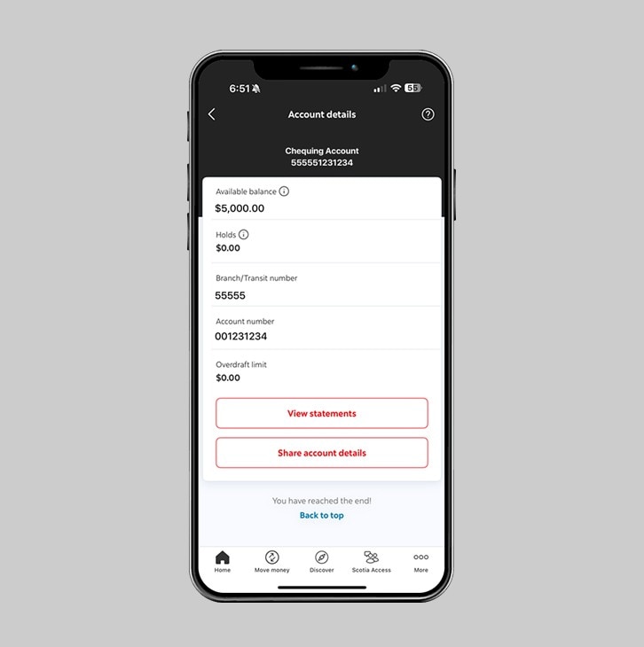 Account Details screen with Share account details button.