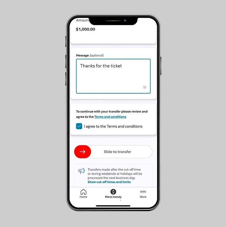 To others screen with selections for review above Terms and Conditions checkbox and Slide to transfer button.