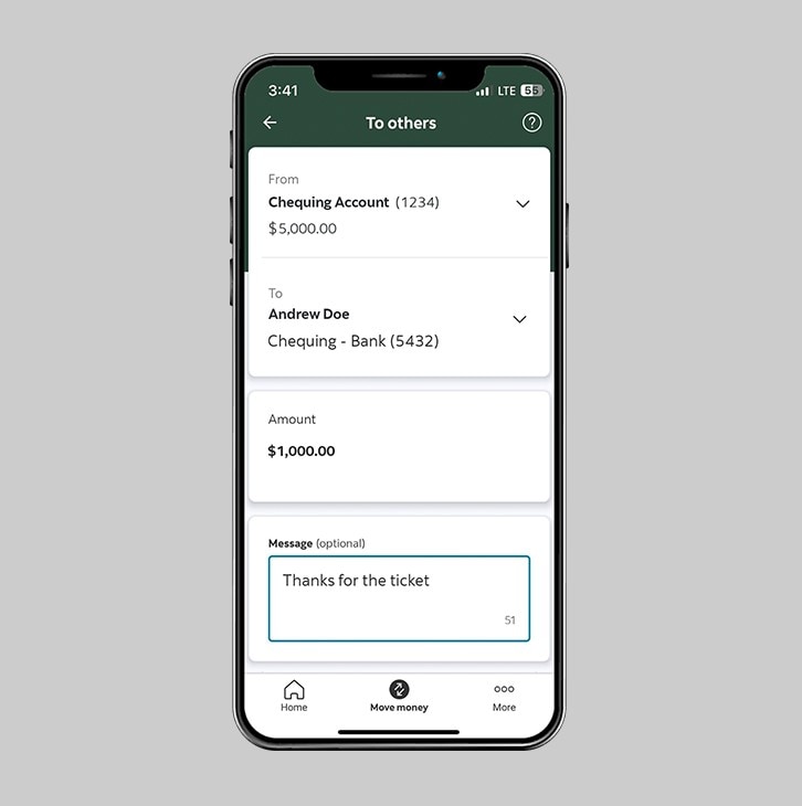 To others screen with selections for review above Terms and Conditions checkbox and Slide to transfer button.