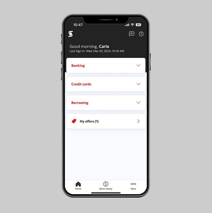Scotia Caribbean app accounts screen with Transfers icon second from the left along bottom edge.